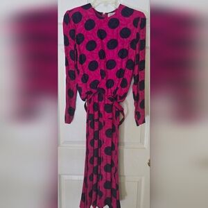 Saks Fifth Avenue Fuchsia and Black Polka Dot Long Sleeve Dress